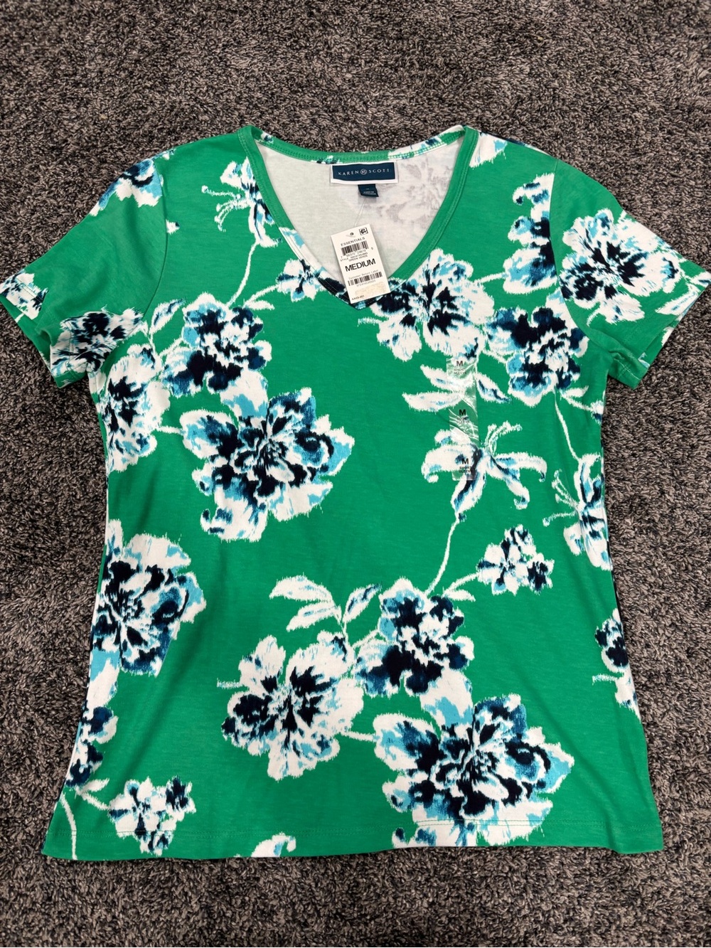 Karen Scott Green Floral V-Neck Tee with Blue & White Blooms